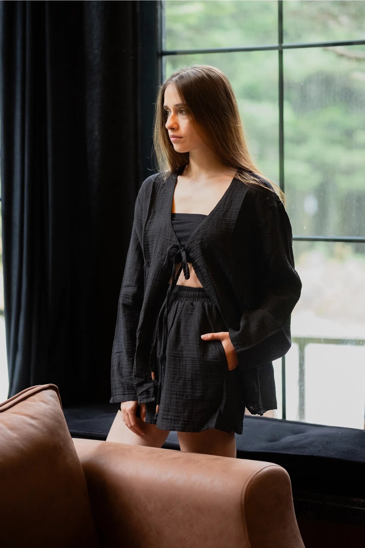 Beige Top & Shorts Crinkle Cotton Lounge Wear Set