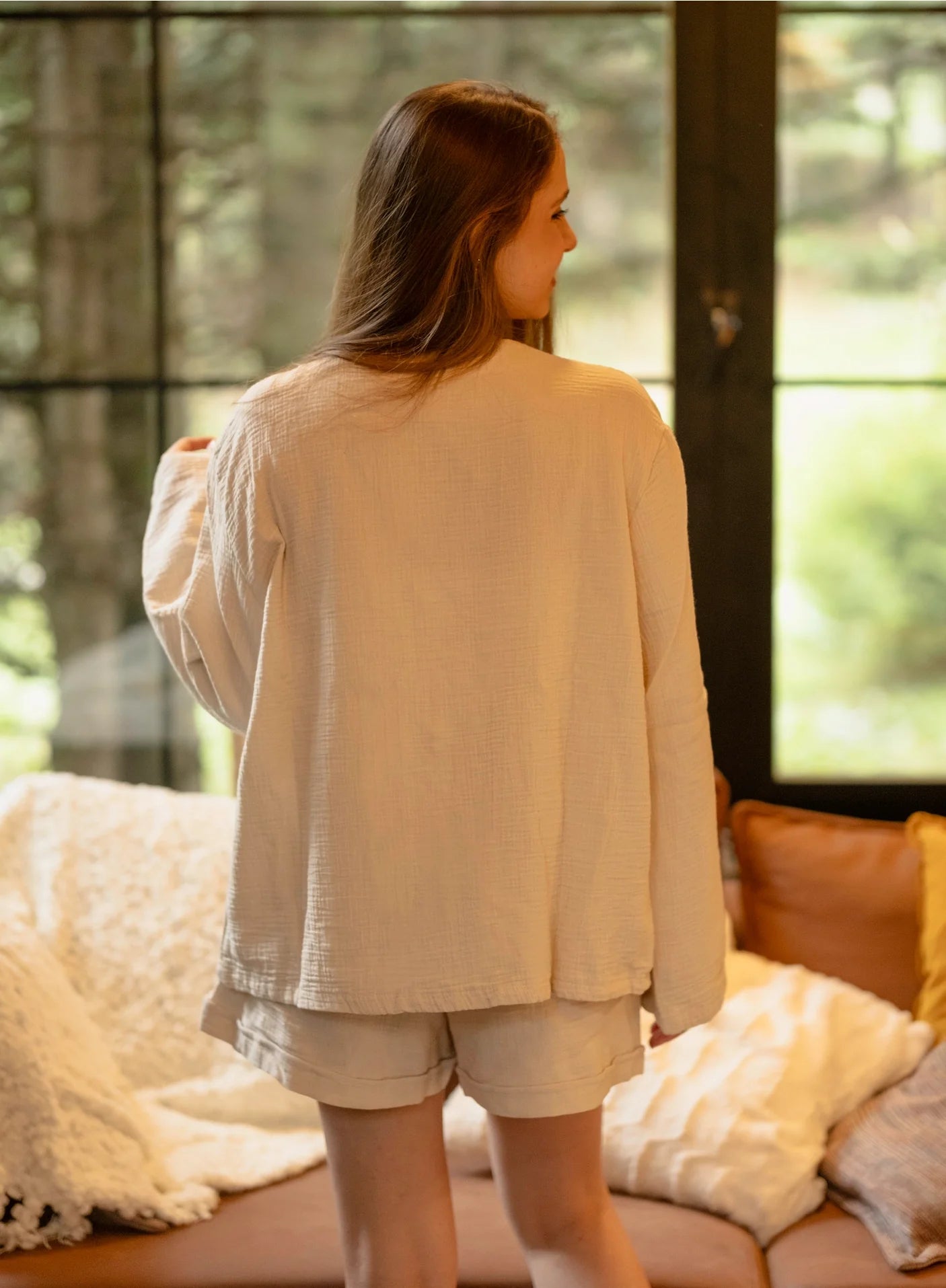 Beige Top & Shorts Crinkle Cotton Lounge Wear Set