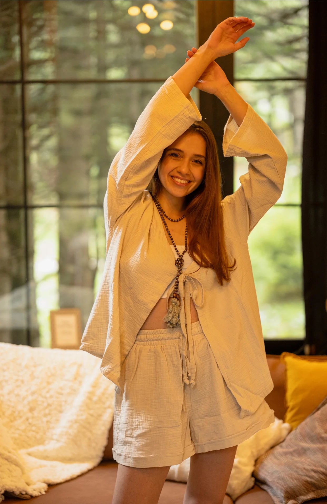 Beige Top & Shorts Crinkle Cotton Lounge Wear Set