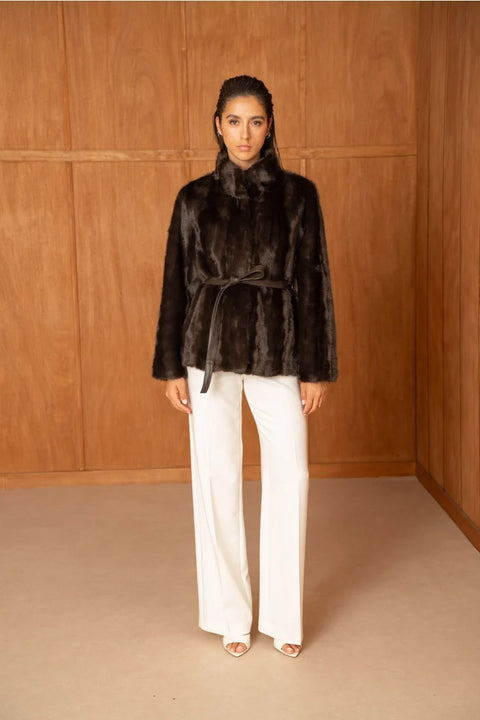 Belted Faux-Fur Jacket with A Stand-Up Collar