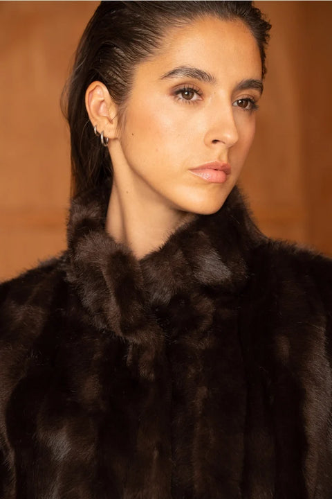 Belted Faux-Fur Jacket with A Stand-Up Collar