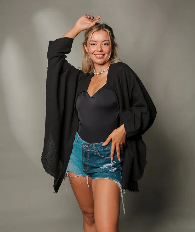 Black Double Gauze Muslin Robe with Golden Horse & Female