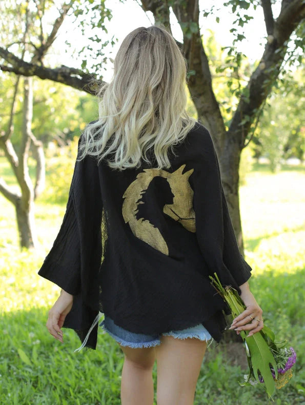 Black Double Gauze Muslin Robe with Golden Horse & Female