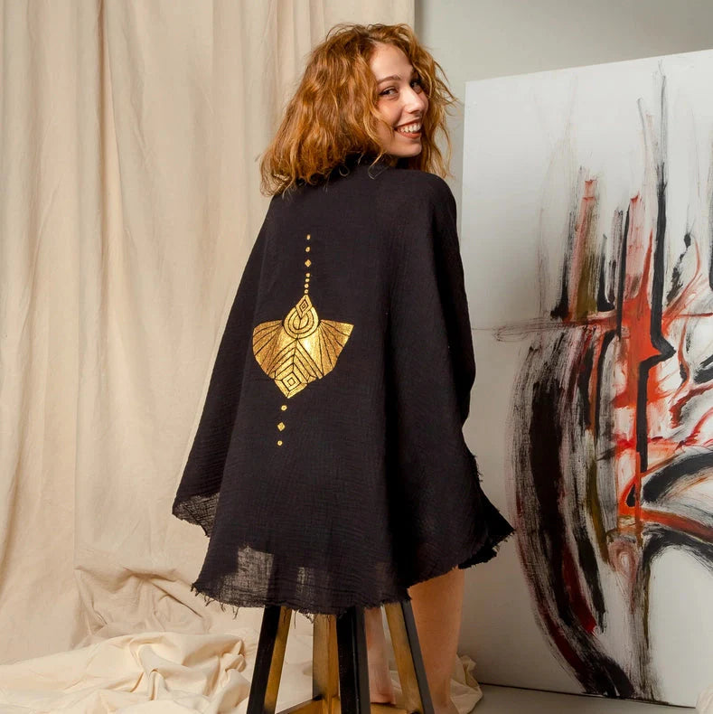 Black Double Gauze Muslin Robe with Golden Mocking Bird