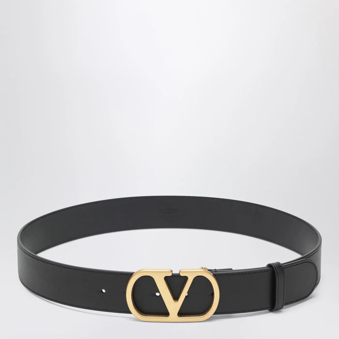Black Hammered Leather Belt with Gold VLogo Buckle