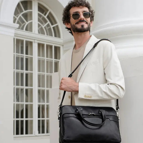 Black Leather Briefcase Laptop Bag - Orlando
