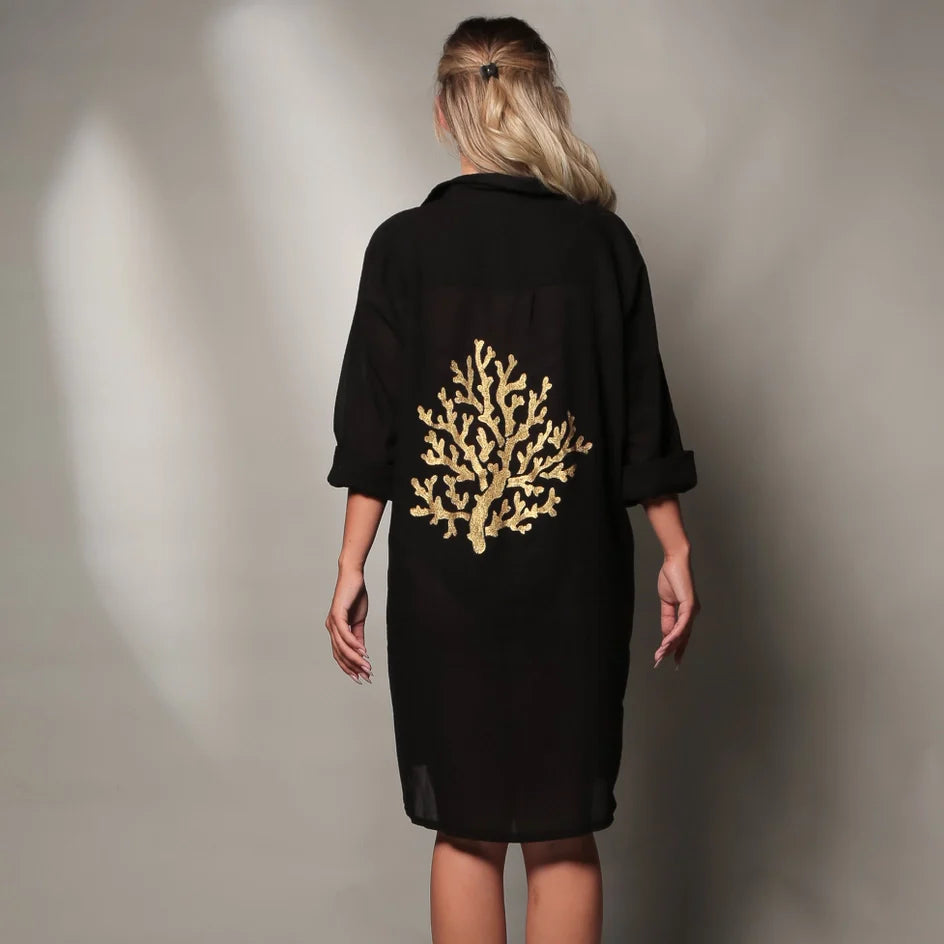 Black Shirt Dress with Hand Painted Gold Coral Reef
