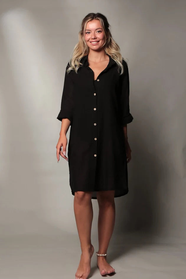 Black Shirt Dress with Hand Painted Gold Coral Reef