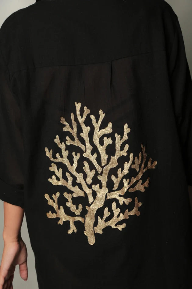 Black Shirt Dress with Hand Painted Gold Coral Reef