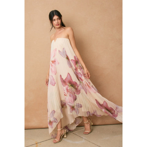 Laelia Orchid Strapless Pleated Maxi Floral Column Dress