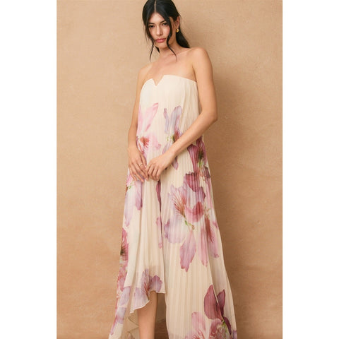 Laelia Orchid Strapless Pleated Maxi Floral Column Dress