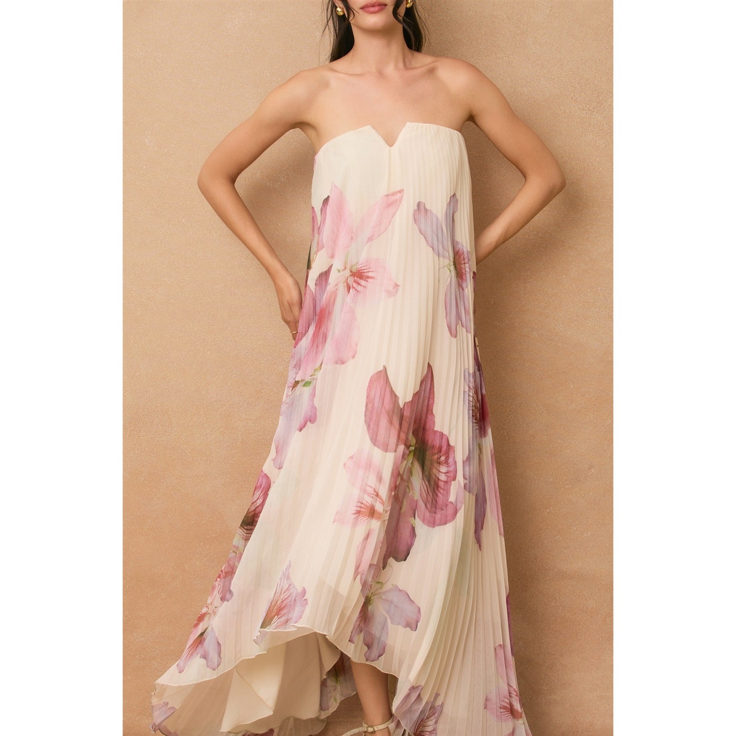 Floral Strapless Pleated Maxi Column Dress - Laelia Orchid