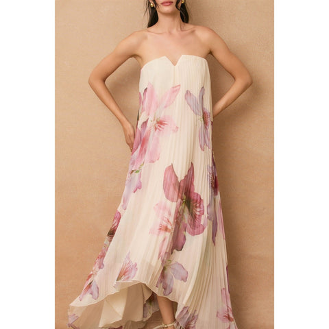 Laelia Orchid Strapless Pleated Maxi Floral Column Dress
