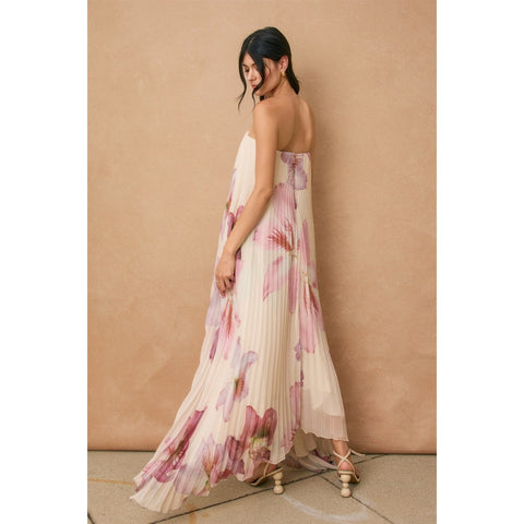 Laelia Orchid Strapless Pleated Maxi Floral Column Dress