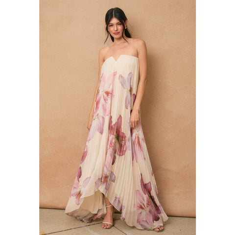 Laelia Orchid Strapless Pleated Maxi Floral Column Dress