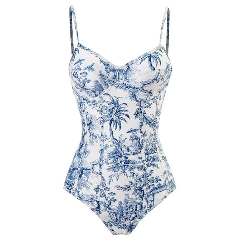 Blue Porcelain Print Strappy One Piece Swimsuit