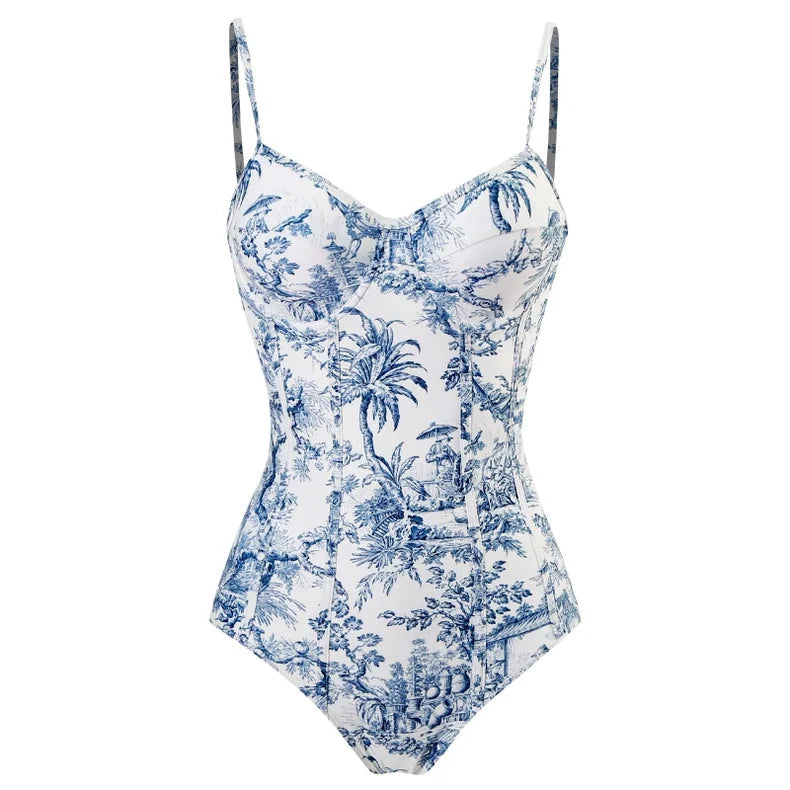Blue Porcelain Print Strappy One Piece Swimsuit