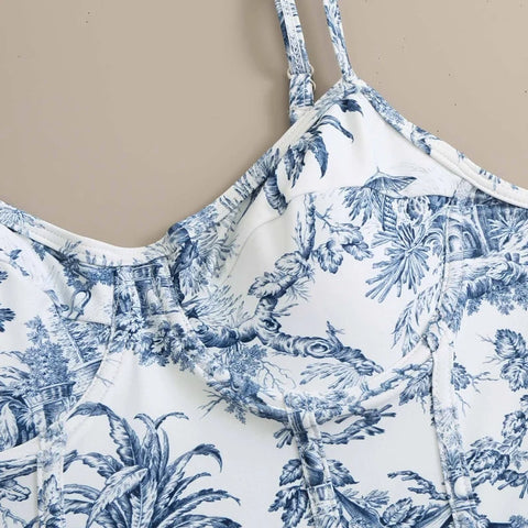 Blue Porcelain Print Strappy One Piece Swimsuit