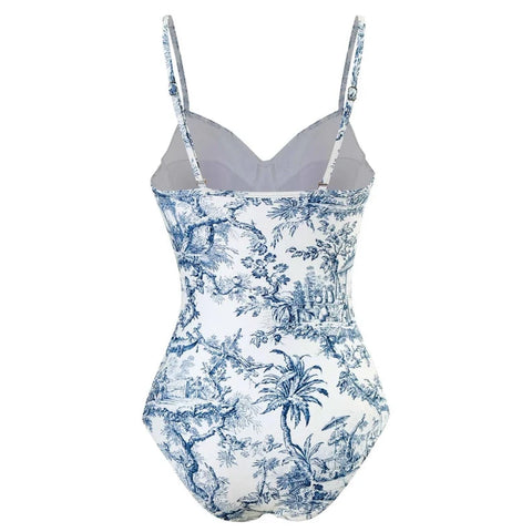 Blue Porcelain Print Strappy One Piece Swimsuit