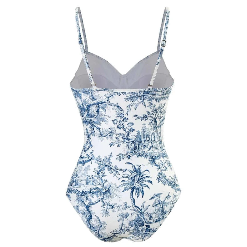 Blue Porcelain Print Strappy One Piece Swimsuit