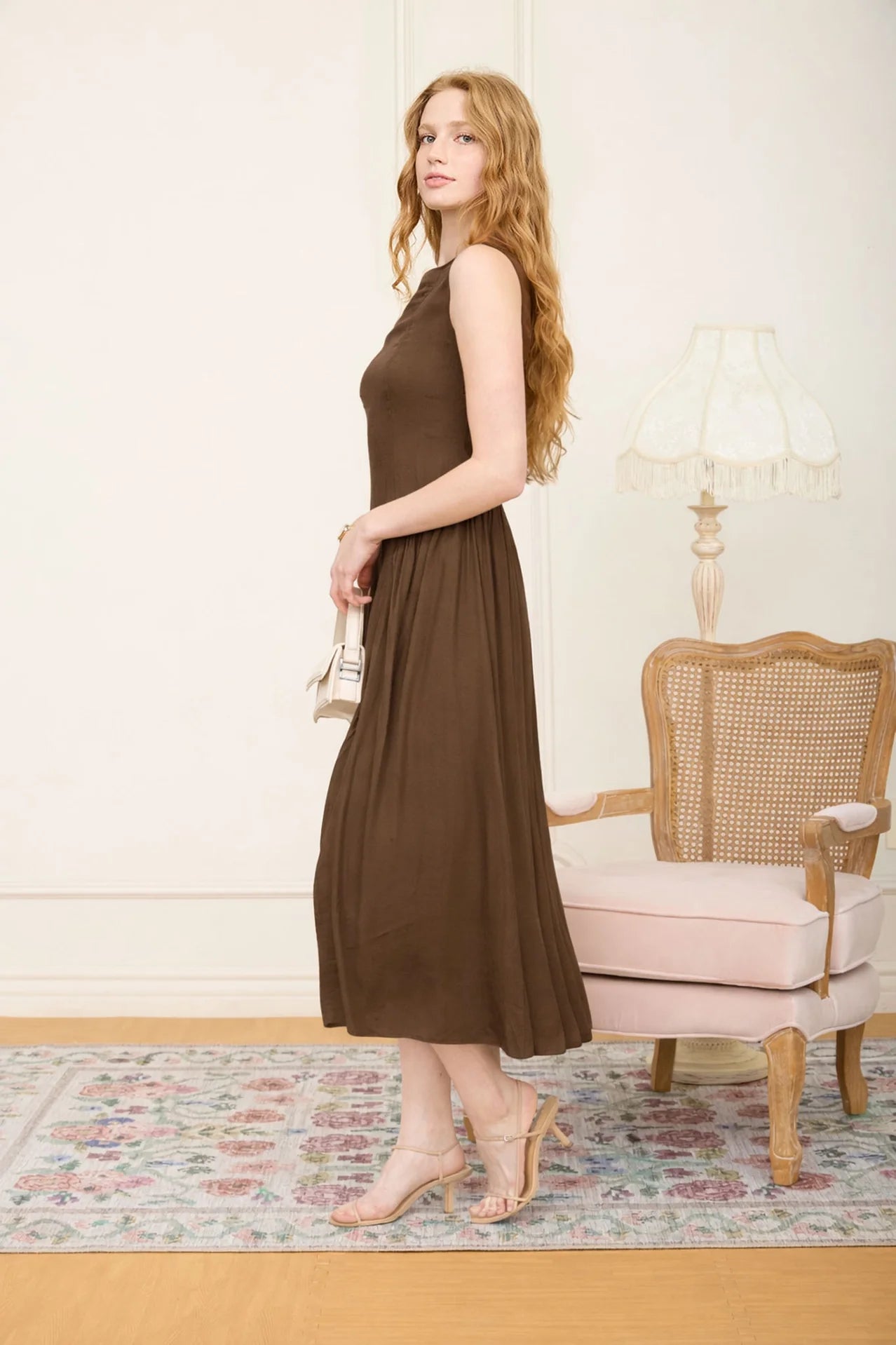 Boat Neck Sleeveless Basque Waist Midi Dress