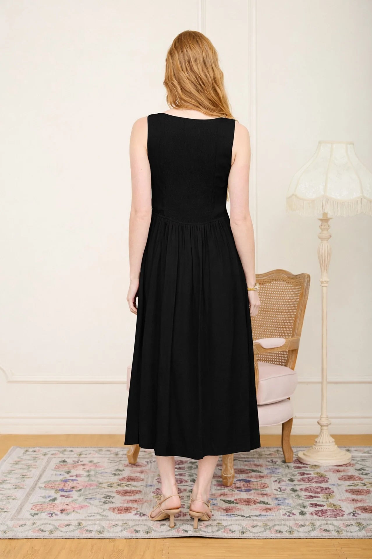 Boat Neck Sleeveless Basque Waist Midi Dress