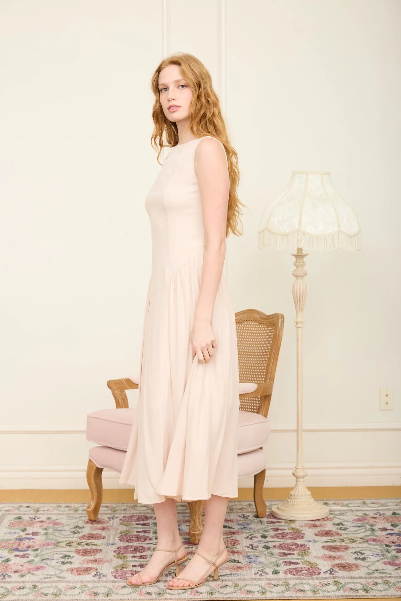 Boat Neck Sleeveless Basque Waist Midi Dress