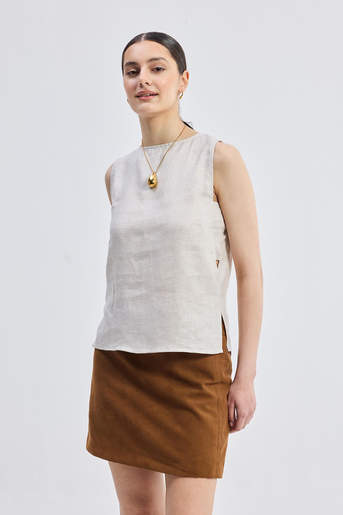 Boat Neck Top in Checkered Linen