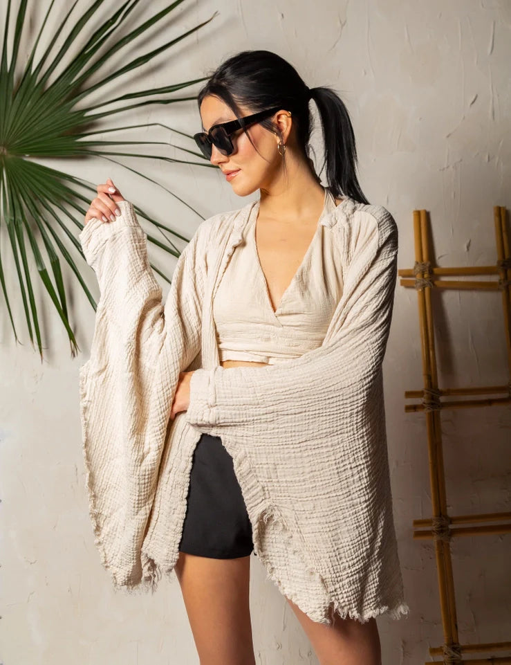 Boho Muslin Kimono Poncho Cream