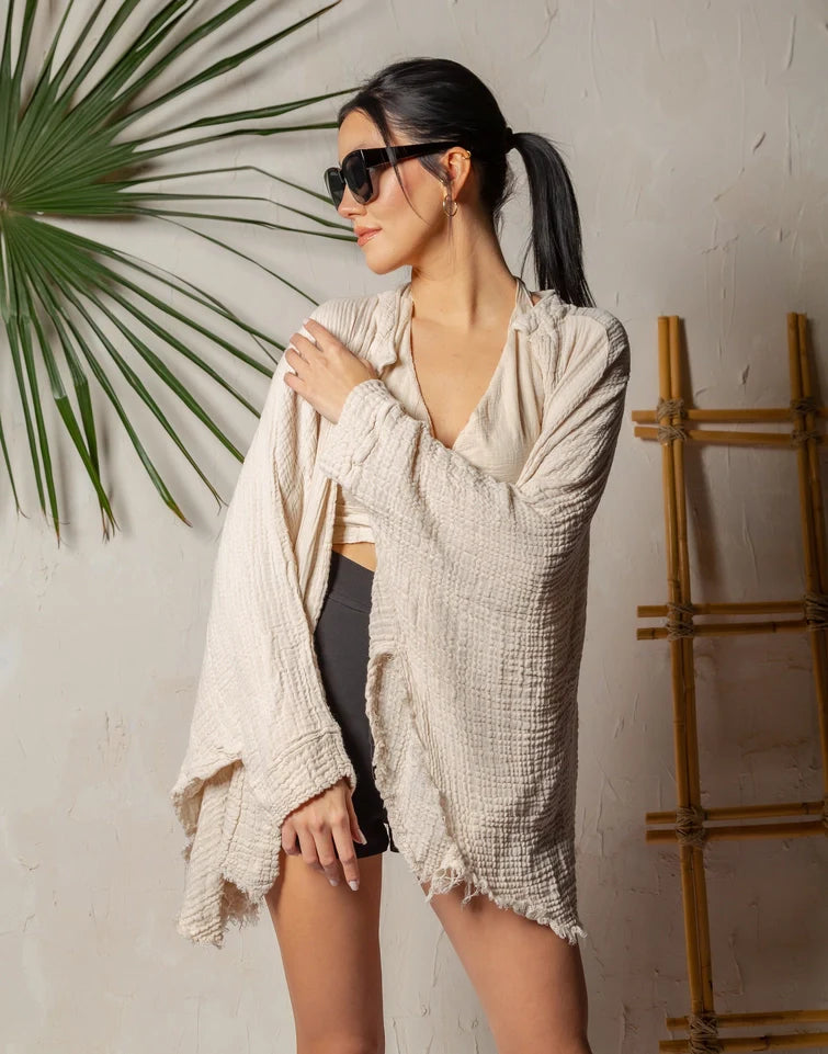 Boho Muslin Kimono Poncho Cream