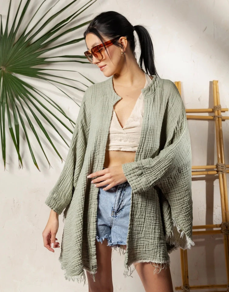 Boho Muslin Kimono Poncho Green