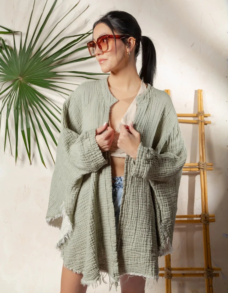 Boho Muslin Kimono Poncho Green