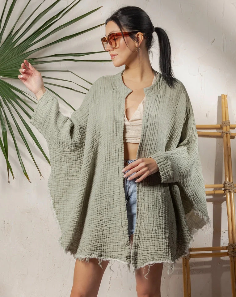 Boho Muslin Kimono Poncho Green