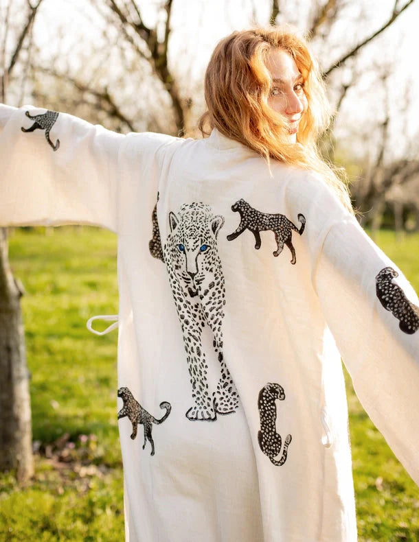 Boho Tiger Long Kaftan Kimono White Kimono Black Tiger