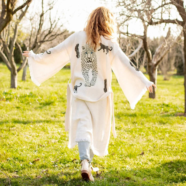Boho Tiger Long Kaftan Kimono White Kimono Black Tiger