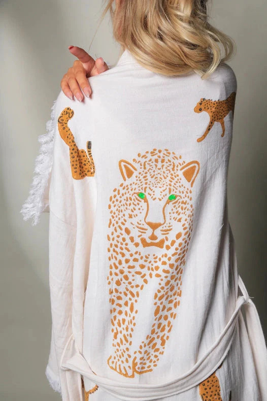 Boho Tiger Long Kaftan Kimono White Kimono Brown Tiger