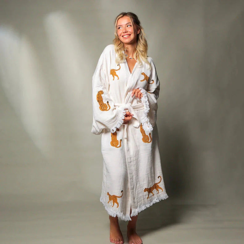 Boho Tiger Long Kaftan Kimono White Kimono Brown Tiger