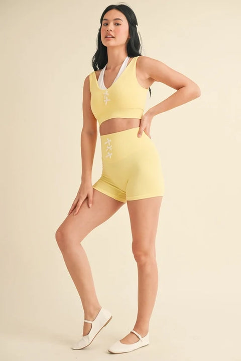 Bow Detail Double Layered Bra and Shorts Set - Lemon
