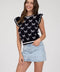 Bow Pattern Ruffle Sleeve Sweater Knit Top NAVY