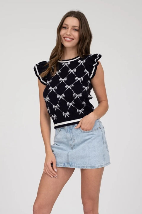 Bow Pattern Ruffle Sleeve Sweater Knit Top NAVY