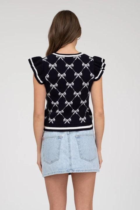 Bow Pattern Ruffle Sleeve Sweater Knit Top NAVY