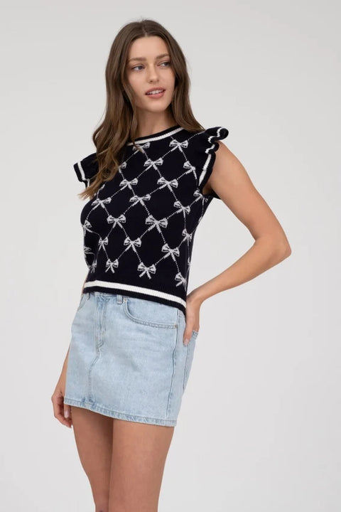 Bow Pattern Ruffle Sleeve Sweater Knit Top NAVY