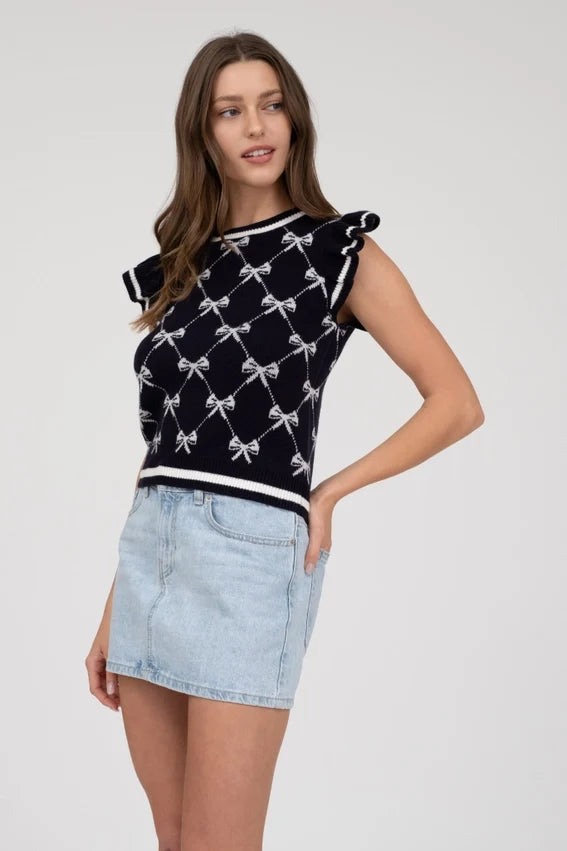Bow Pattern Ruffle Sleeve Sweater Knit Top NAVY