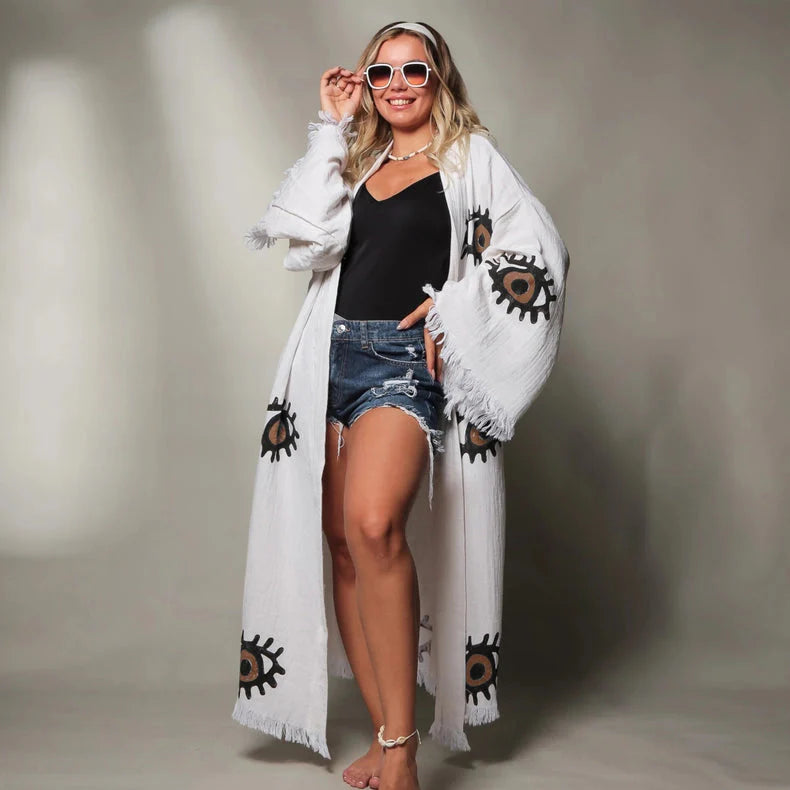 Brown Evil Eye Short Kaftan Kimono Robe