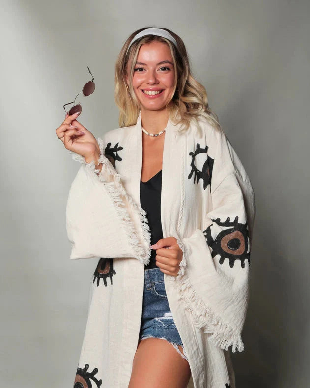 Brown Evil Eye Short Kaftan Kimono Robe