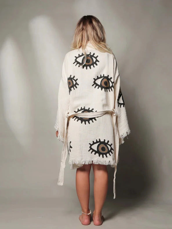 Brown Evil Eye Short Kaftan Kimono Robe