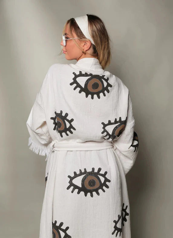 Brown Evil Eye Short Kaftan Kimono Robe
