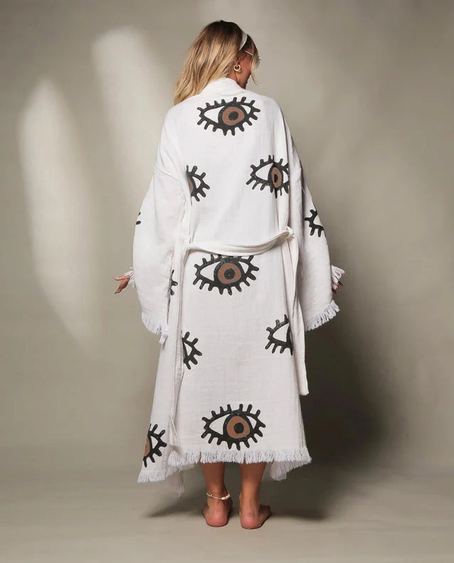 Brown Evil Eye Short Kaftan Kimono Robe