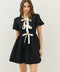 Bubble Textured Mini Dress with Bow Tie Front and Bubble Sleeves, Black