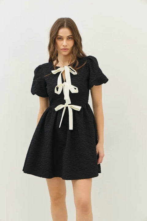 Bubble Textured Mini Dress with Bow Tie Front and Bubble Sleeves, Black
